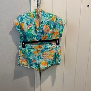 Athleta Girl Mock Neck Rashguard - Aqua, Teal & Coral Accents with swim shorts